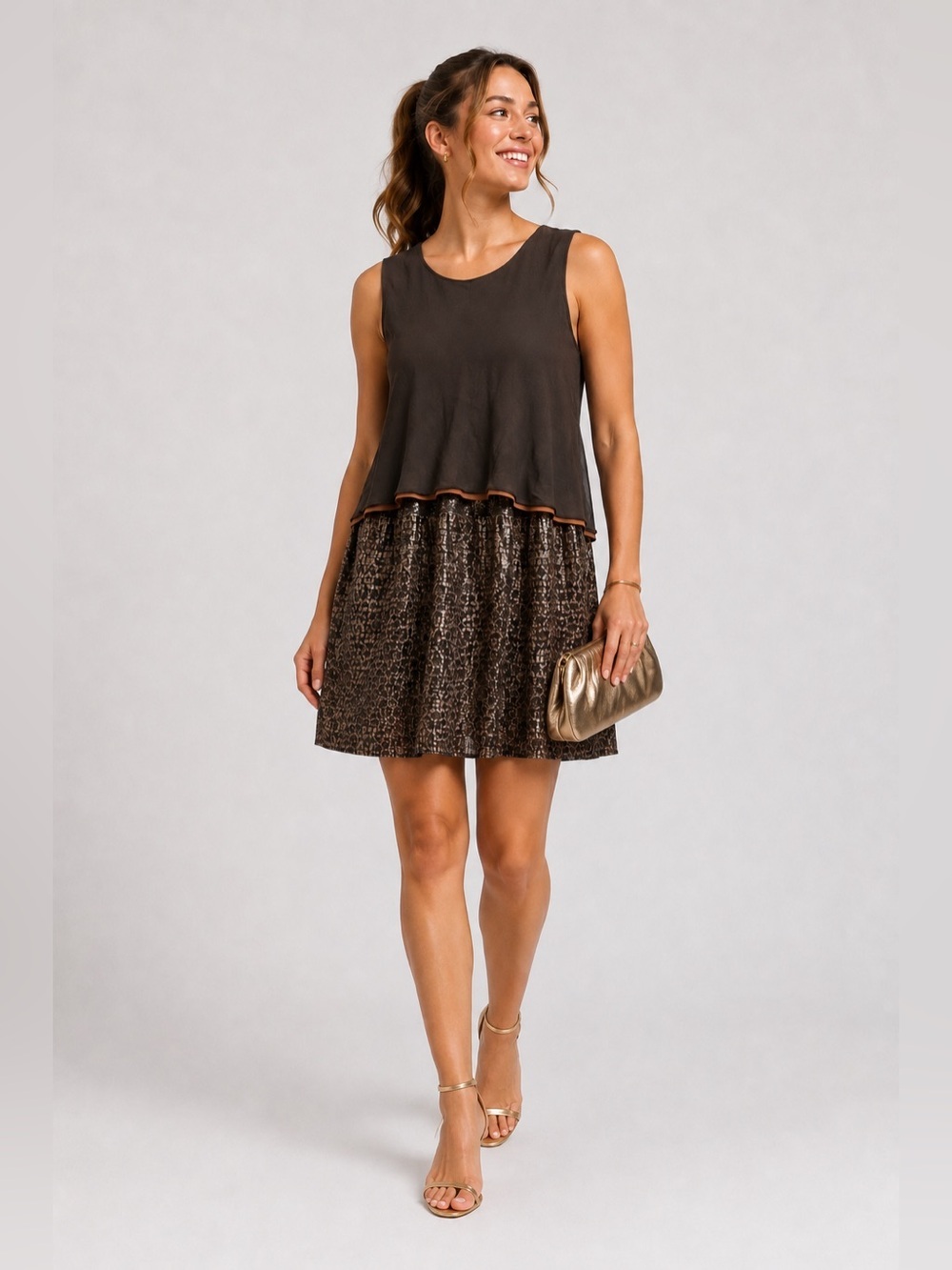Suzi Chin for Maggy Boutique Metallic Sequin Mini Dress Brown Gold Silk 6